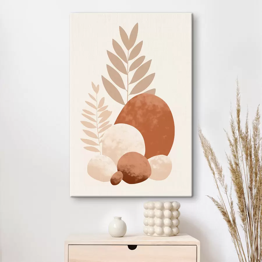 Wandbilder Abstrakte Formen, strukturierte Steine und Blätter in gedeckten Pfirsich- und Terrakottatönen, minimalistisch, cremefarbener Hintergrund s47013