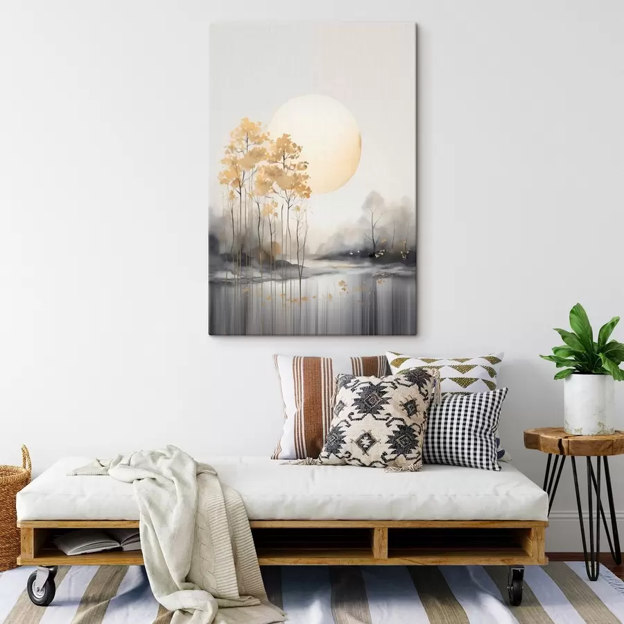 Wandbilder Dekorative abstrakte Landschaft, hohe Bäume mit gelben Blättern, ein Fluss und Nebel im Hintergrund s47014