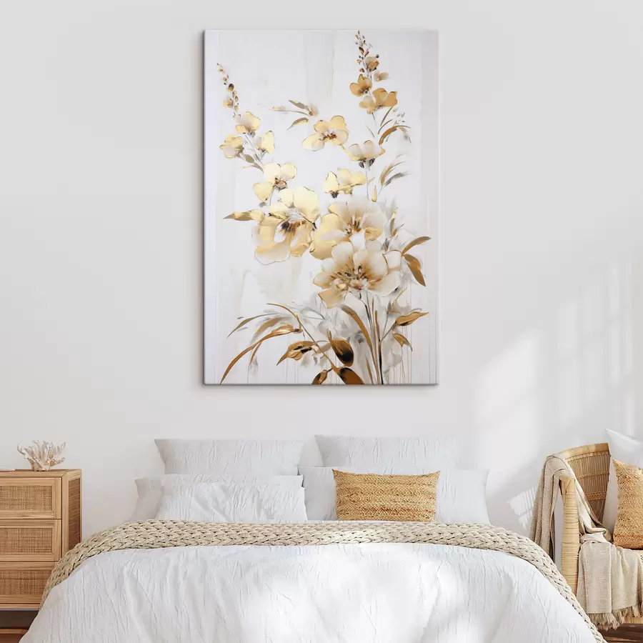 Wandbilder Strukturierte gelbe Blüten und Blätter vor weißem Hintergrund, mit zarten Pinselstrichen s47016