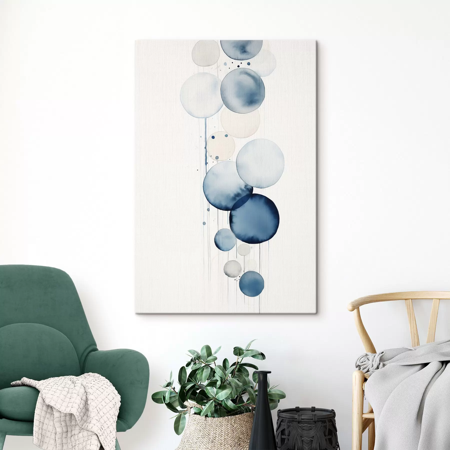 Wandbilder Abstrakte, strukturierte blaue und weiße Wasserfarbenkreise unterschiedlicher Größe vor weißem Hintergrund s47020