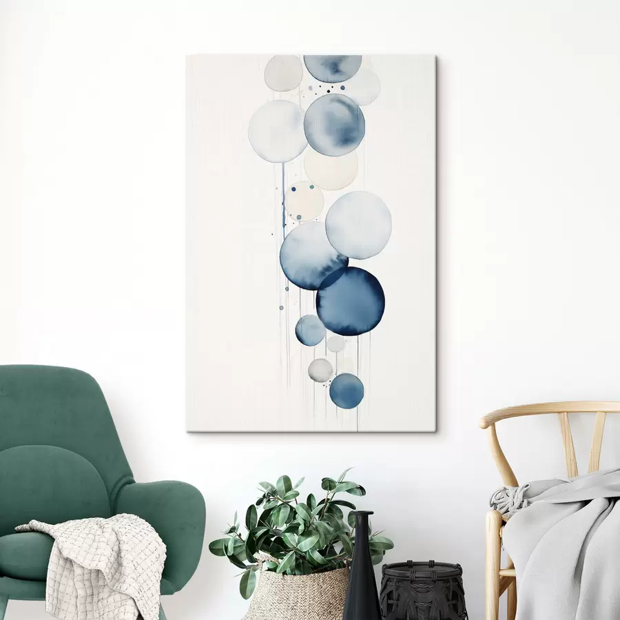 Wandbilder Abstrakte, strukturierte blaue und weiße Wasserfarbenkreise unterschiedlicher Größe vor weißem Hintergrund s47020