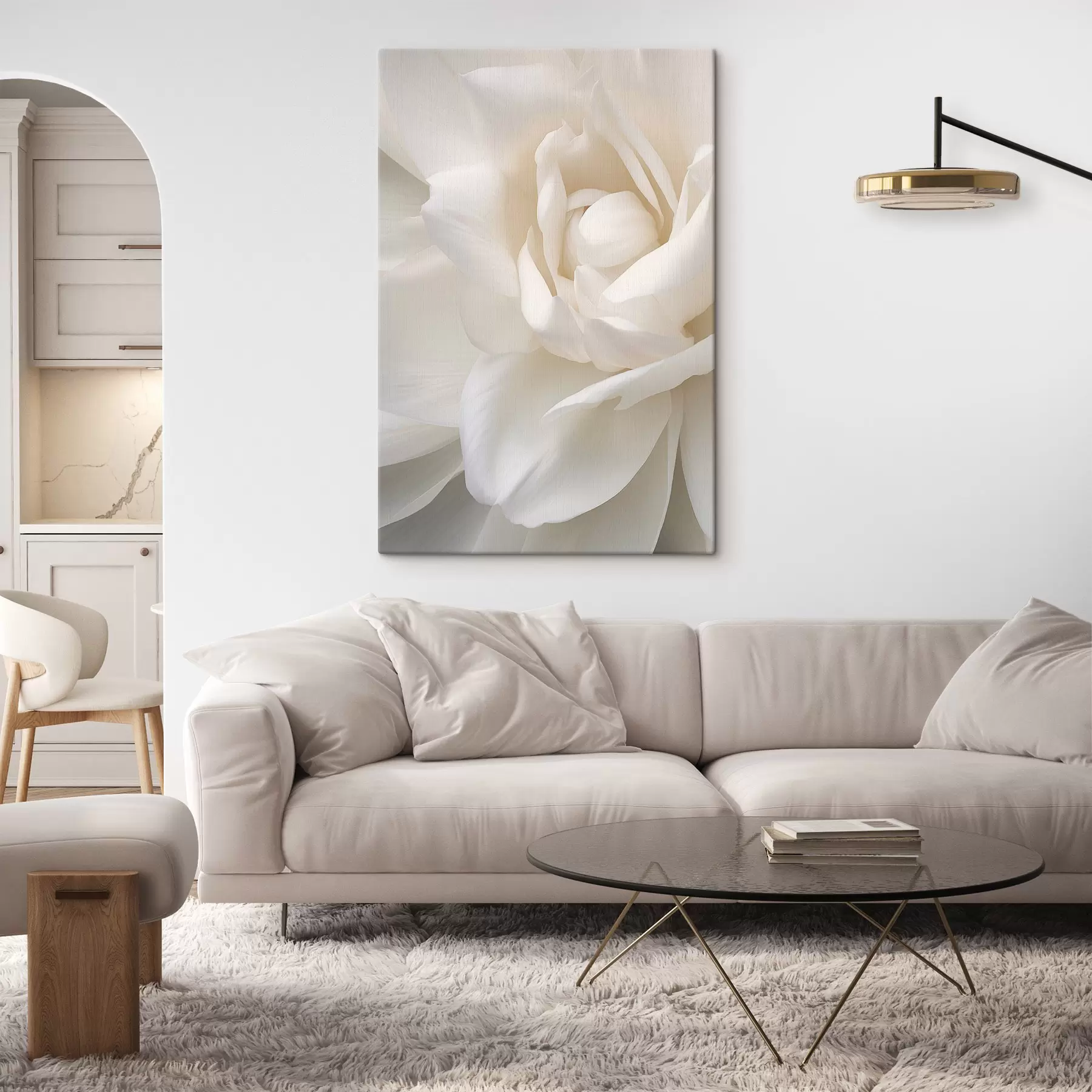 Wandbilder Abstrakte weiße Blume mit zarten, geschichteten Blütenblättern, minimalistische Kunst s47025
