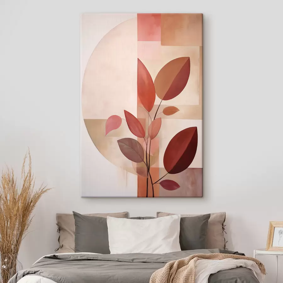 Wandbilder Abstrakte Pflanze mit roten Blättern vor einem Hintergrund aus geometrischen Formen und sanften, gedämpften Farben s47041
