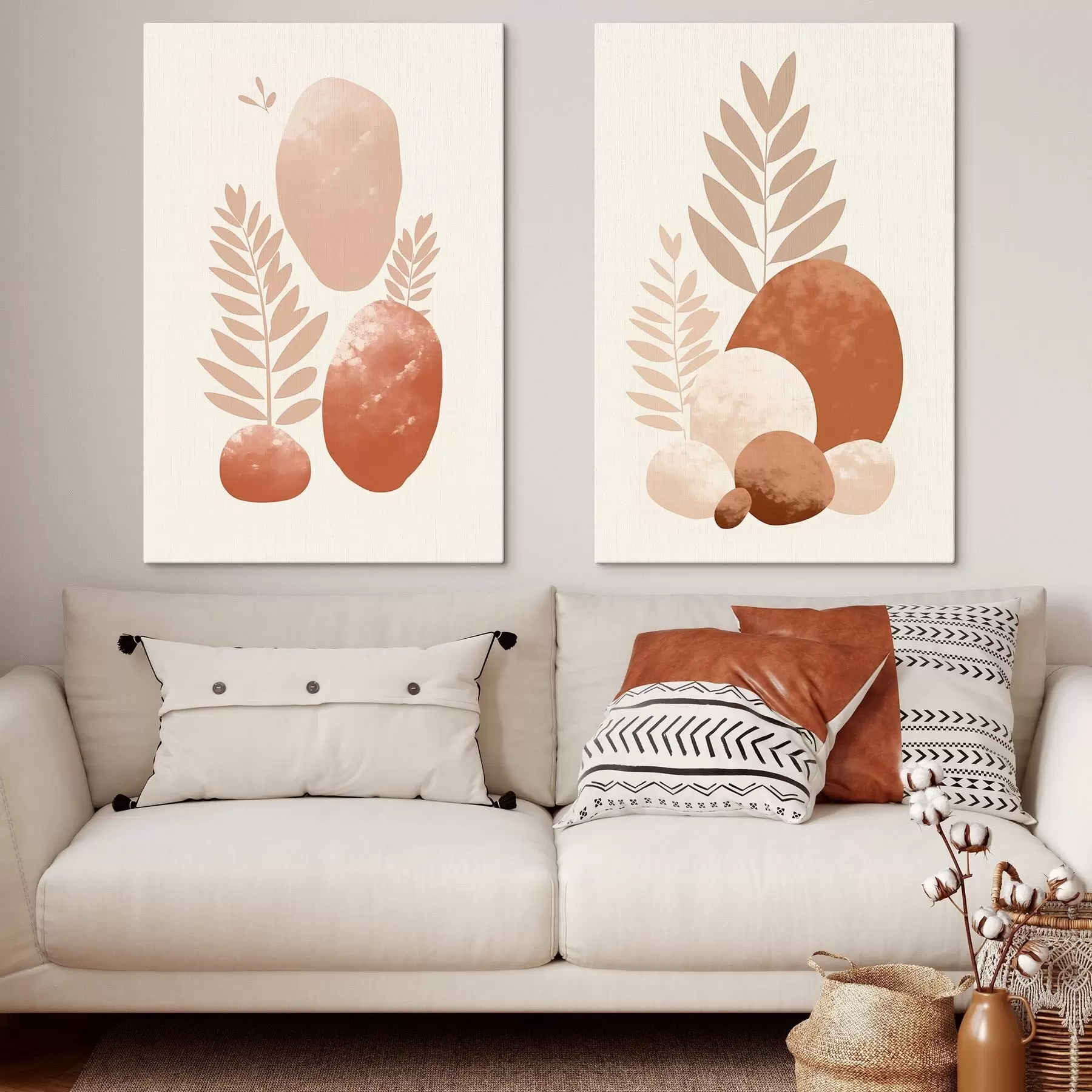 Wandbilder Abstrakte Formen, strukturierte Steine und Blätter in gedeckten Pfirsich- und Terrakottatönen, minimalistisch, cremefarbener Hintergrund m01114