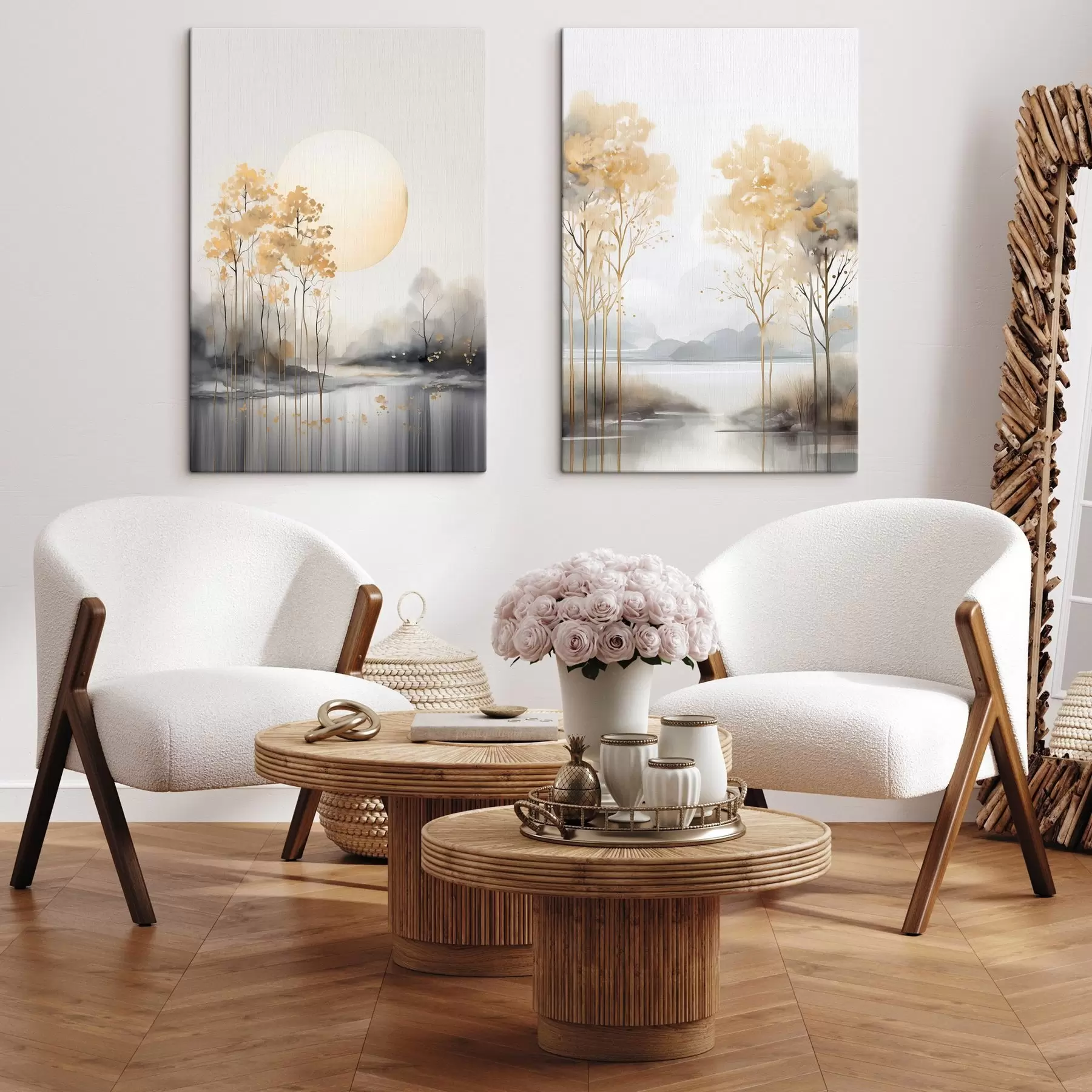 Wandbilder Dekorative abstrakte Landschaft, hohe Bäume mit gelben Blättern, ein Fluss und Nebel im Hintergrund m01115