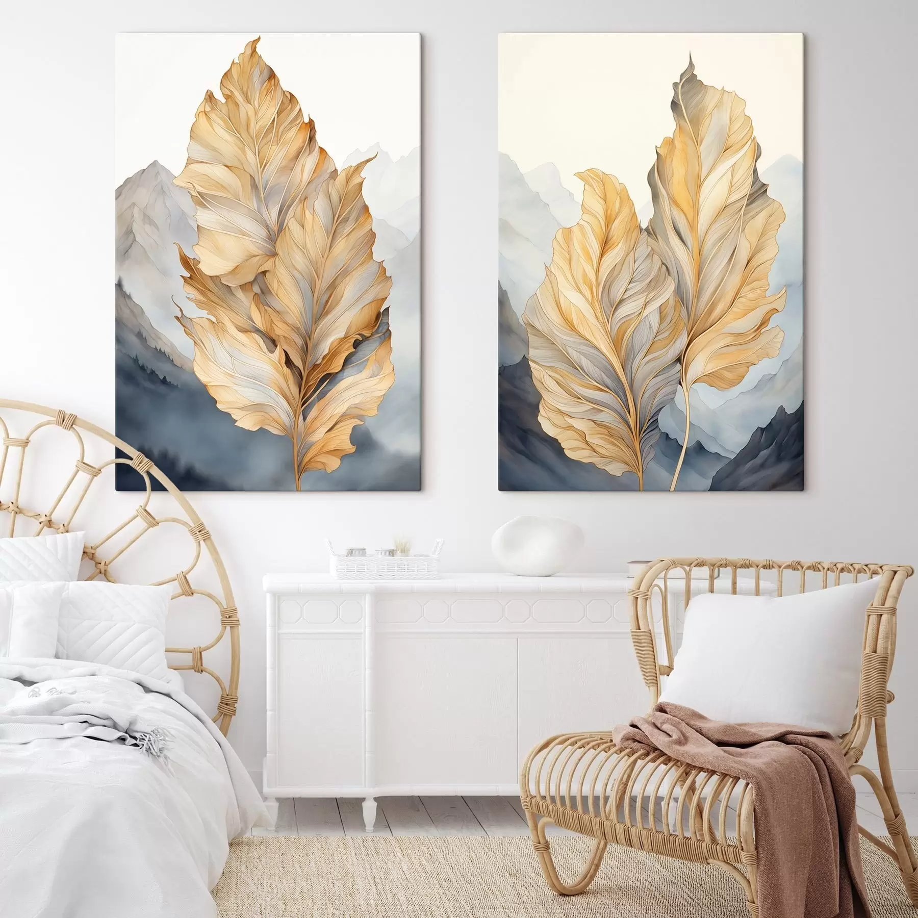 Wandbilder Abstrakte große, gelbe und braune Blätter mit komplexen Details vor einer Berglandschaft m01119