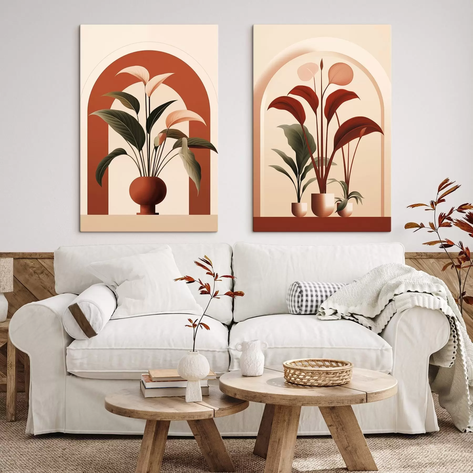 Wandbilder Abstrakte Topfpflanzen mit großen grünen und roten Blättern vor einem cremefarbenen Torbogen m01124