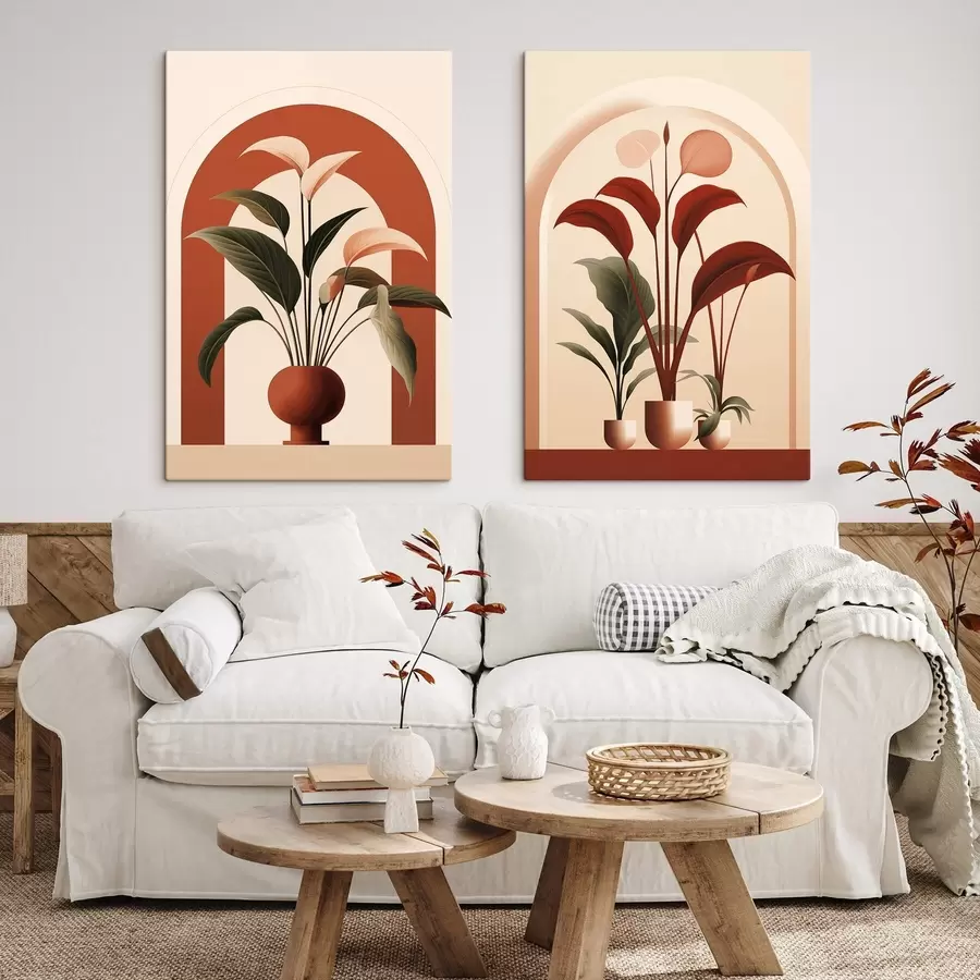 Wandbilder Abstrakte Topfpflanzen mit großen grünen und roten Blättern vor einem cremefarbenen Torbogen m01124