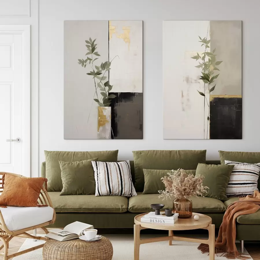 Wandbilder Ein minimalistisches, strukturiertes Gemälde einer Vase mit grünen Blättern vor einem Hintergrund aus abstrakten geometrischen Formen. m01126