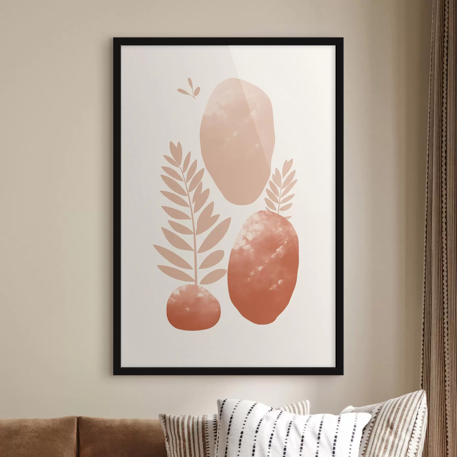 Fototapete Abstrakte Formen, strukturierte Steine und Blätter in gedeckten Pfirsich- und Terrakottatönen, minimalistisch, cremefarbener Hintergrund f47012