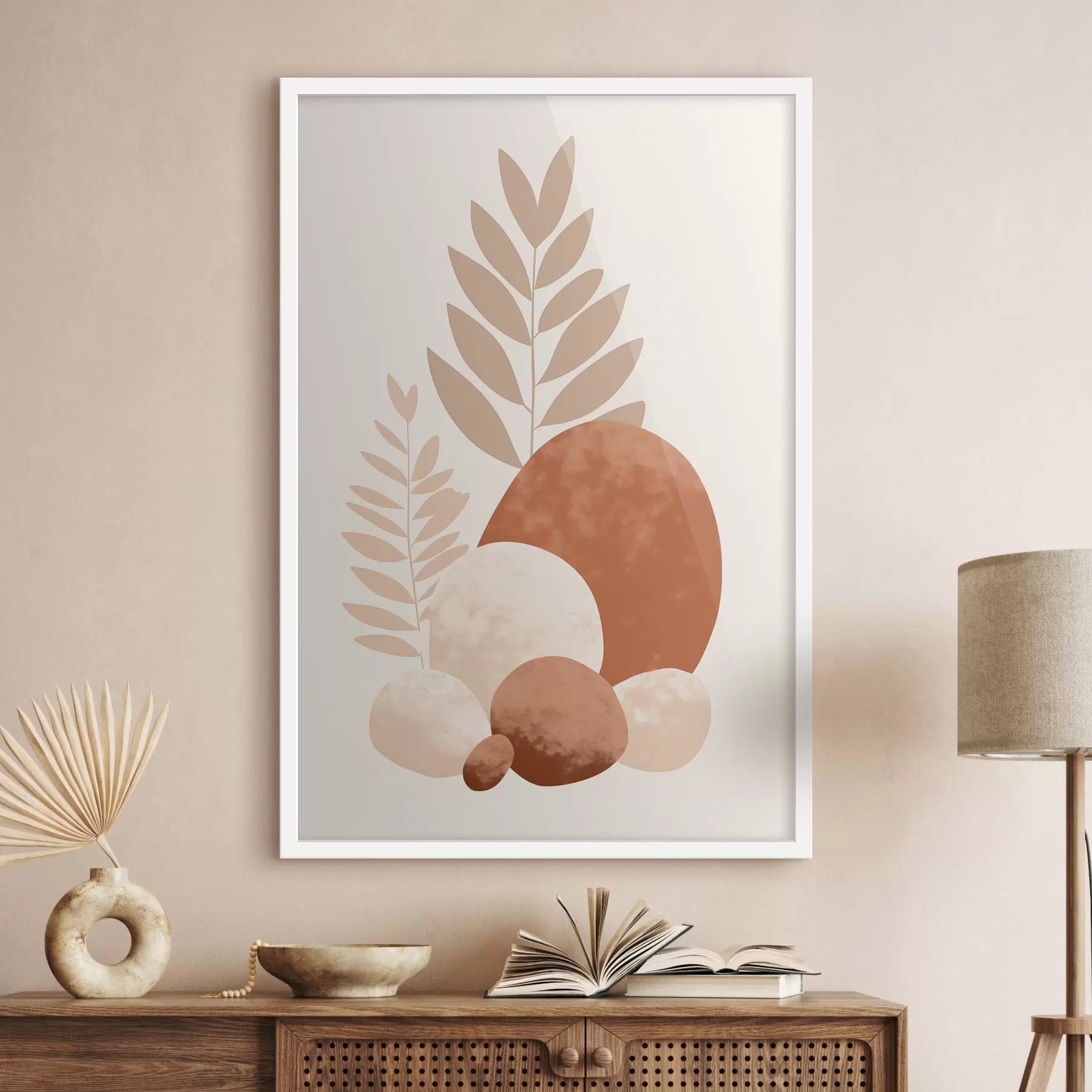 Fototapete Abstrakte Formen, strukturierte Steine und Blätter in gedeckten Pfirsich- und Terrakottatönen, minimalistisch, cremefarbener Hintergrund f47013