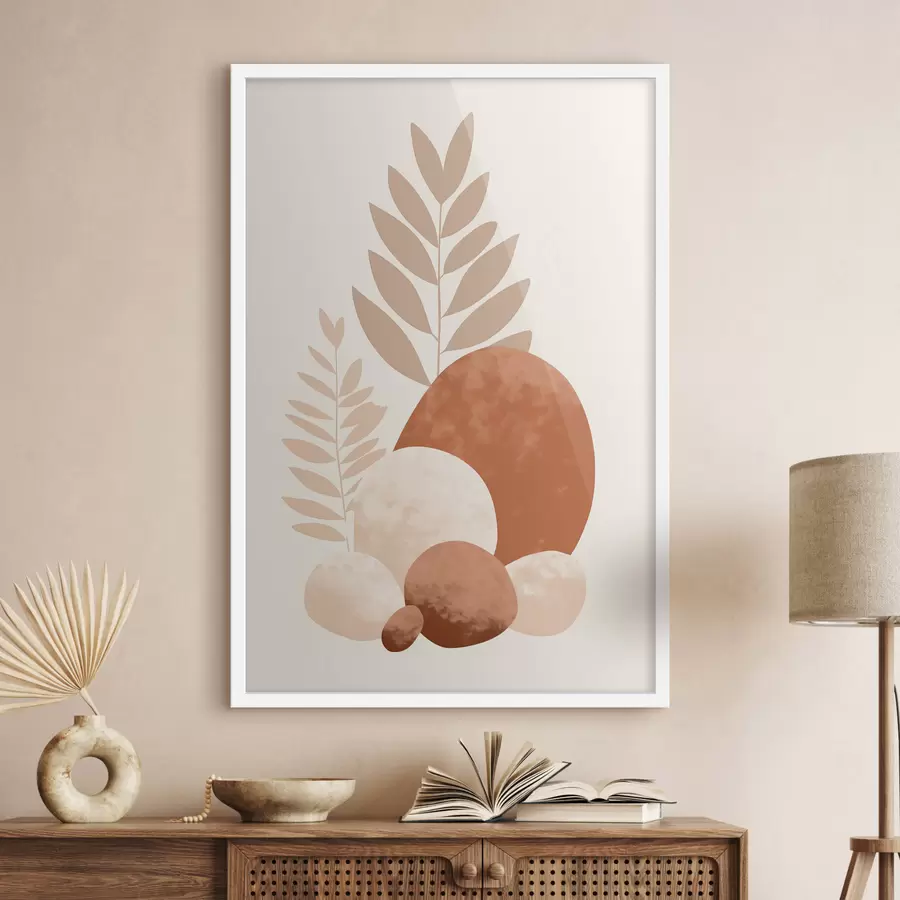 Fototapete Abstrakte Formen, strukturierte Steine und Blätter in gedeckten Pfirsich- und Terrakottatönen, minimalistisch, cremefarbener Hintergrund f47013