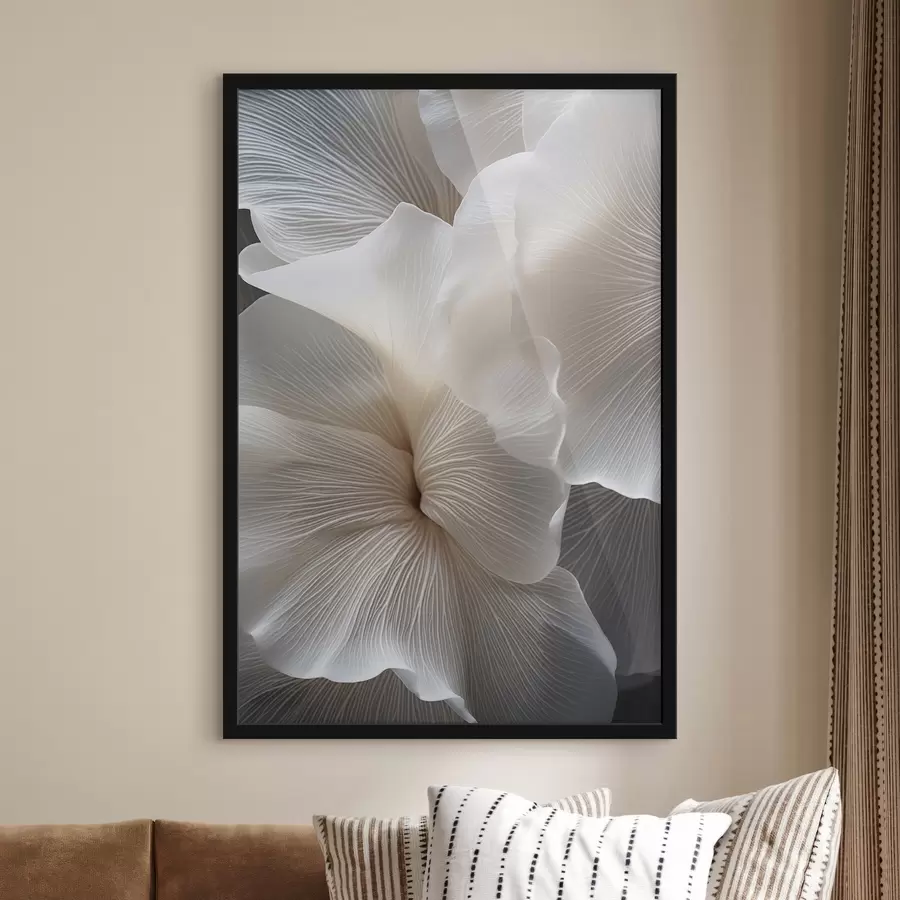 Fototapete Nahaufnahme von zarten, abstrakten weißen Blütenblättern mit filigranen Linien und einem verschwommenen dunklen Hintergrund f47019