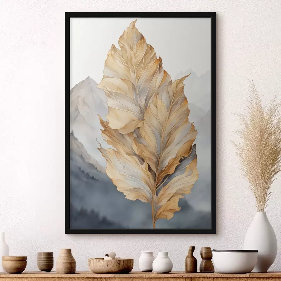 Fototapete Abstrakte große, gelbe und braune Blätter mit komplexen Details vor einer Berglandschaft f47022