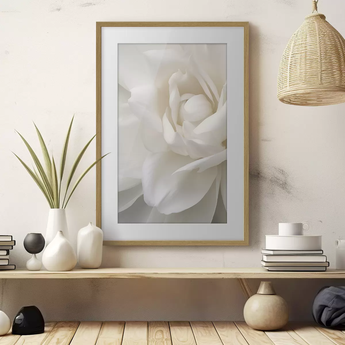 Poster Abstrakte weiße Blume mit zarten, geschichteten Blütenblättern, minimalistische Kunst f47025