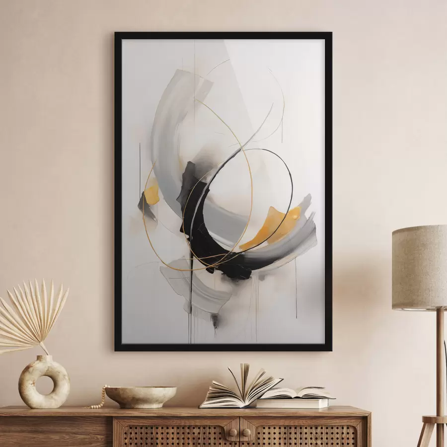 Fototapete Abstrakte Malerei mit gelben, schwarzen und weißen Pinselstrichen, dynamischen Linien f47035