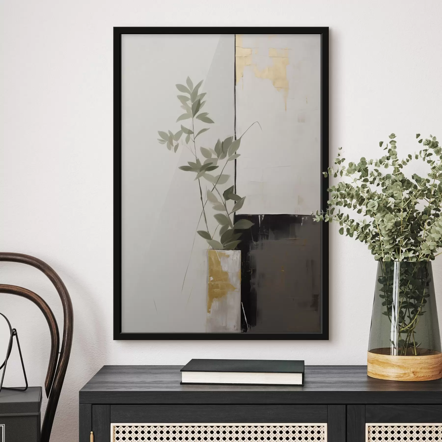 Fototapete Ein minimalistisches, strukturiertes Gemälde einer Vase mit grünen Blättern vor einem Hintergrund aus abstrakten geometrischen Formen f47036