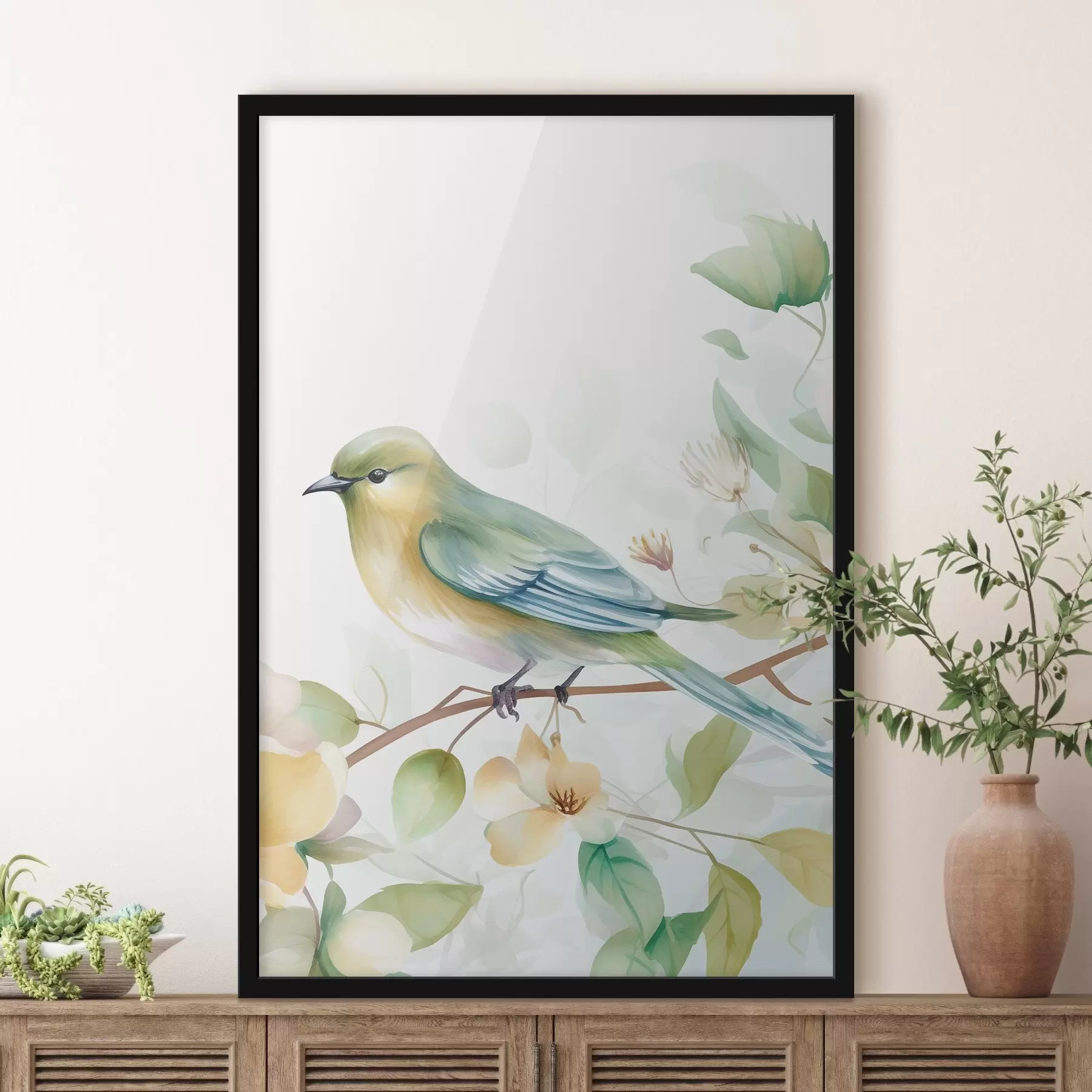 Fototapete Meise auf einem Ast, Aquarellimitation f46892