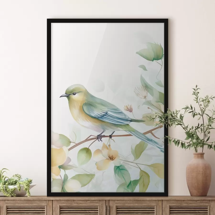 Fototapete Meise auf einem Ast, Aquarellimitation f46892