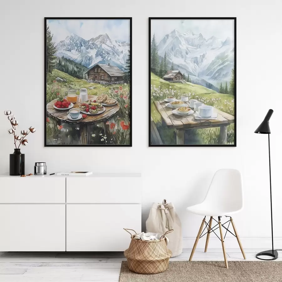 Fototapete Die Alpen, schöne Berglandschaft, ästhetisches Frühstück, Holzhäuser d00403