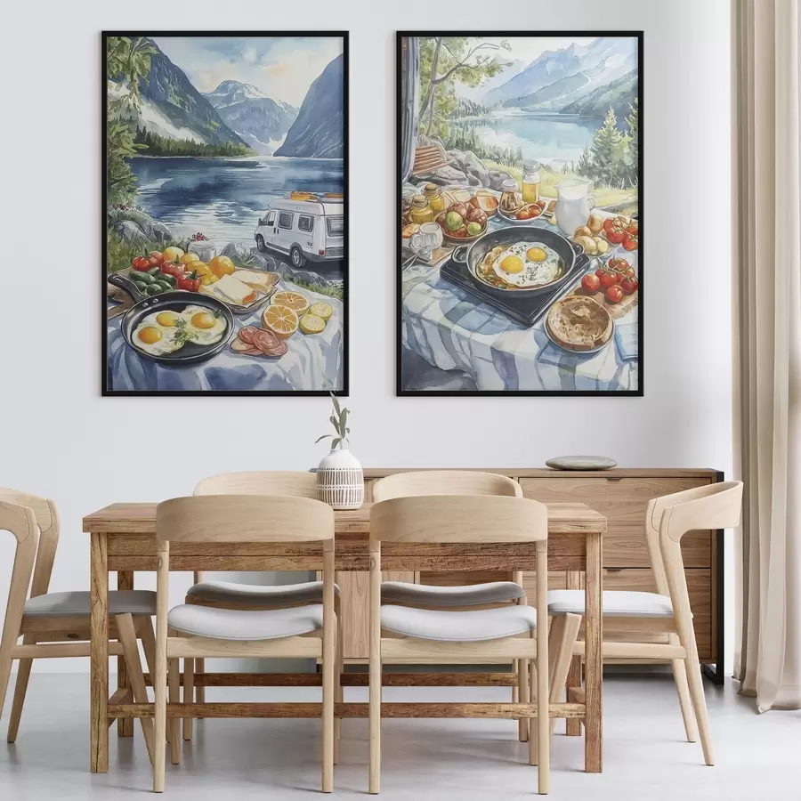 Fototapete Frühstück in der Natur, Reisen, Leben im Freien, Aquarellstil, Norwegen d00404