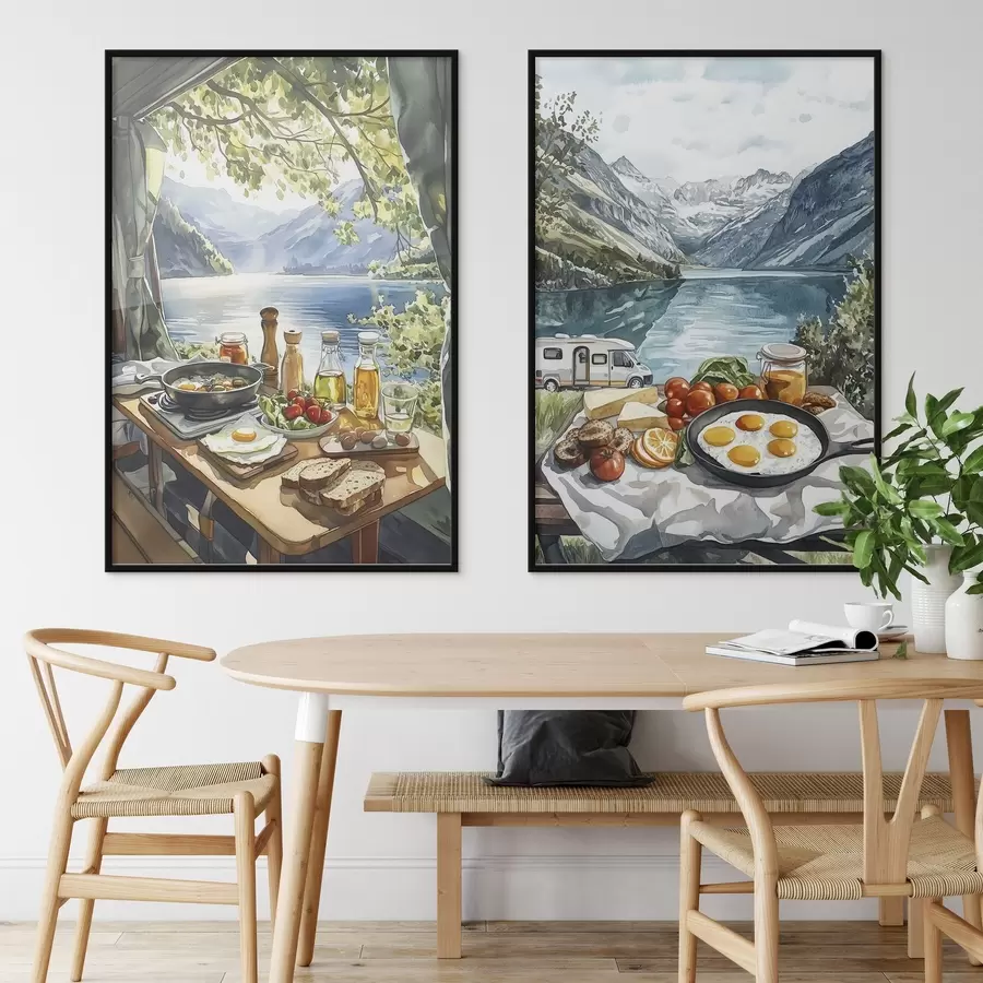 Fototapete Camping, ästhetisches Frühstück am See, Aquarellstil d00405