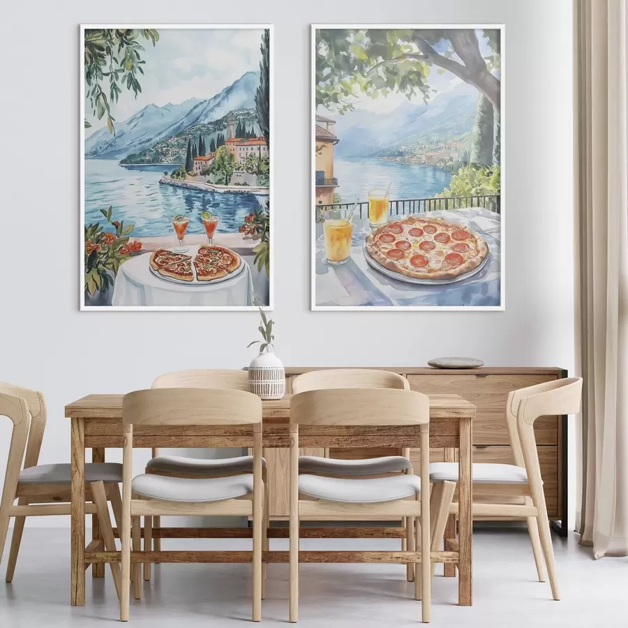 Fototapete Comer See, Brunch in Italien, Aquarellstil, Pizza Margarita, Sommer Natur d00406