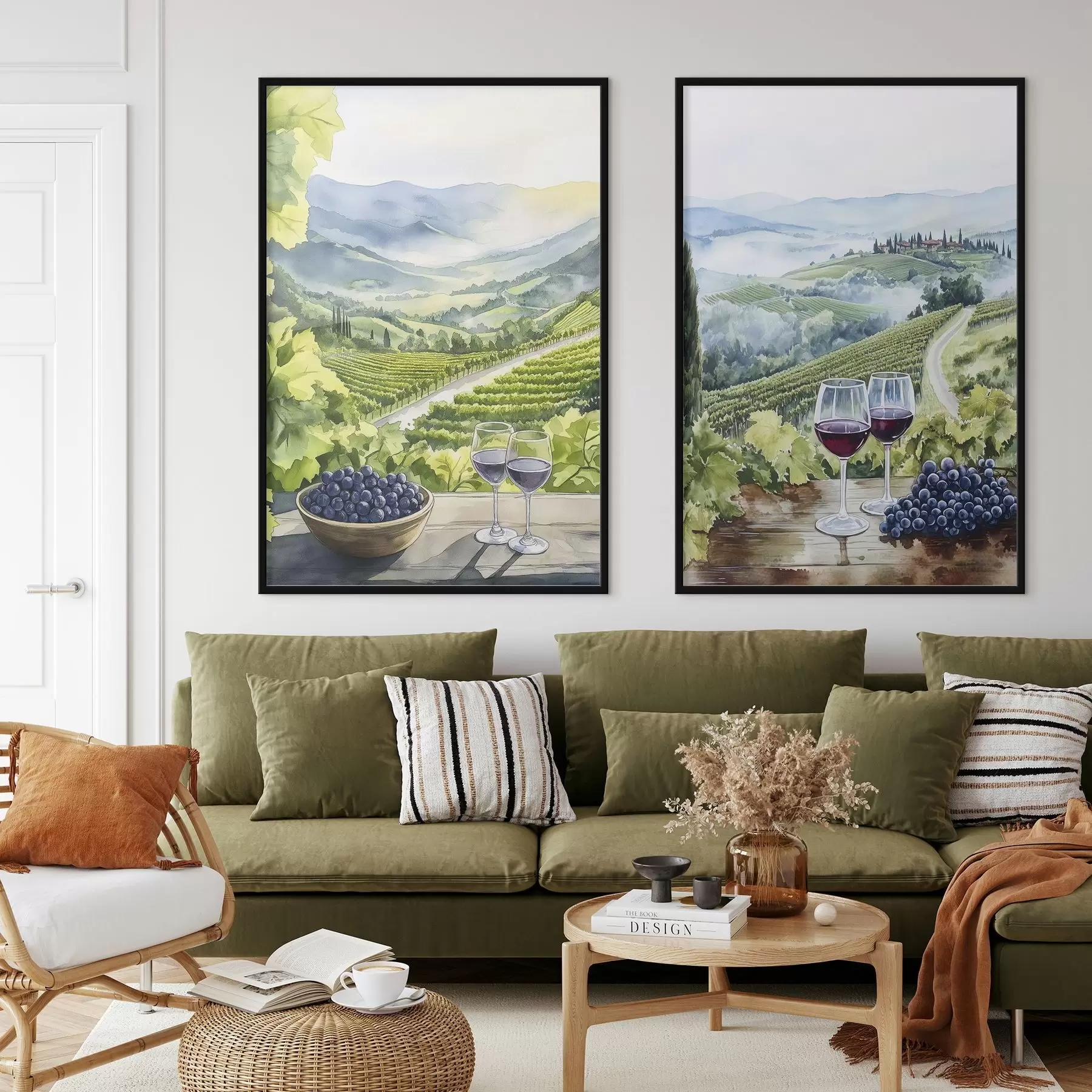 Fototapete Schöne Landschaften der Toskana, Weinberge, Weingläser, Aquarellstil, Italien d00408