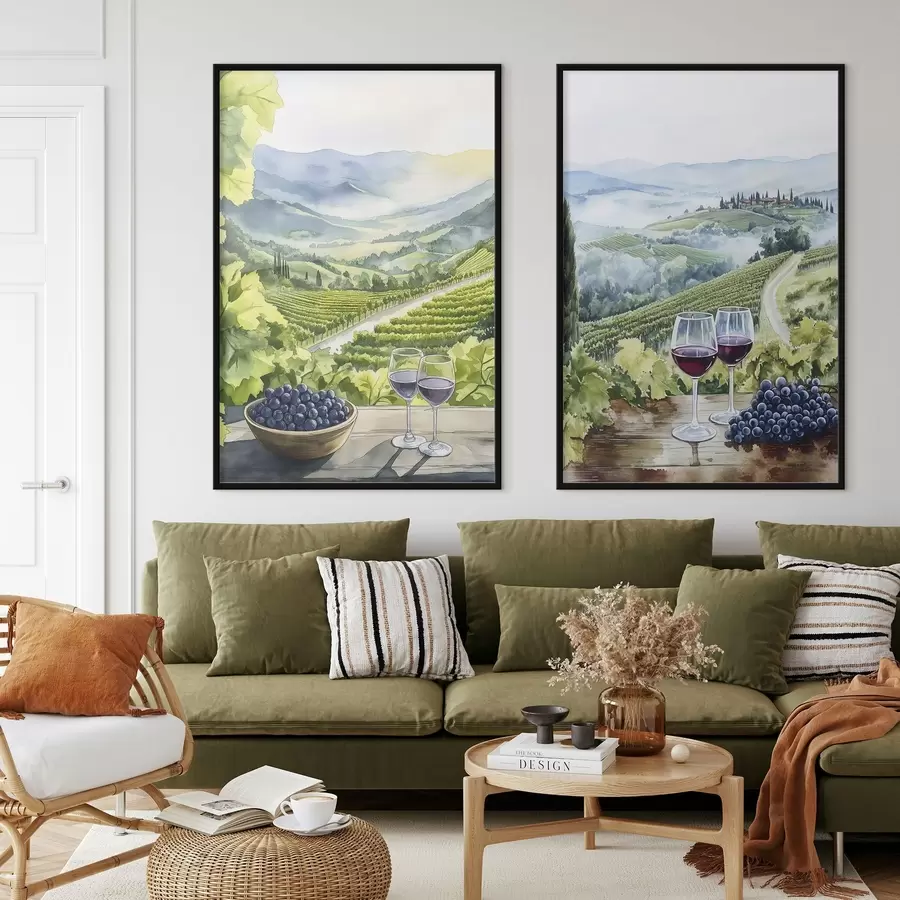 Fototapete Schöne Landschaften der Toskana, Weinberge, Weingläser, Aquarellstil, Italien d00408