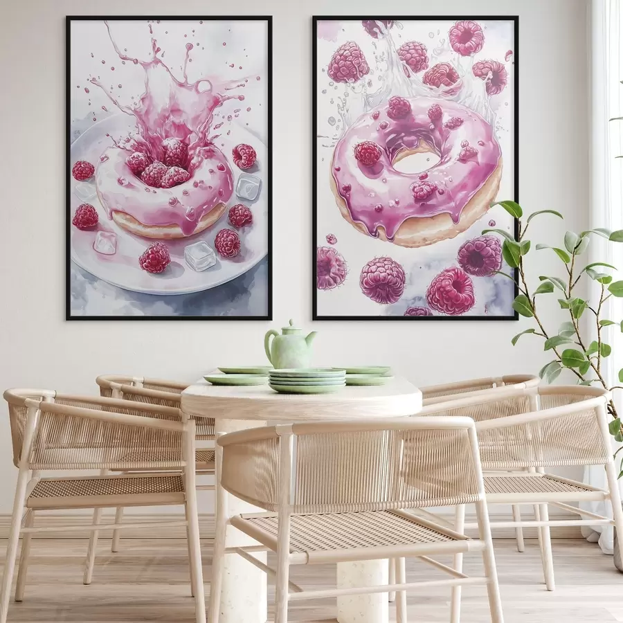 Fototapete Leckere Donuts im Aquarellstil mit Himbeeren, rosa Farben d00412