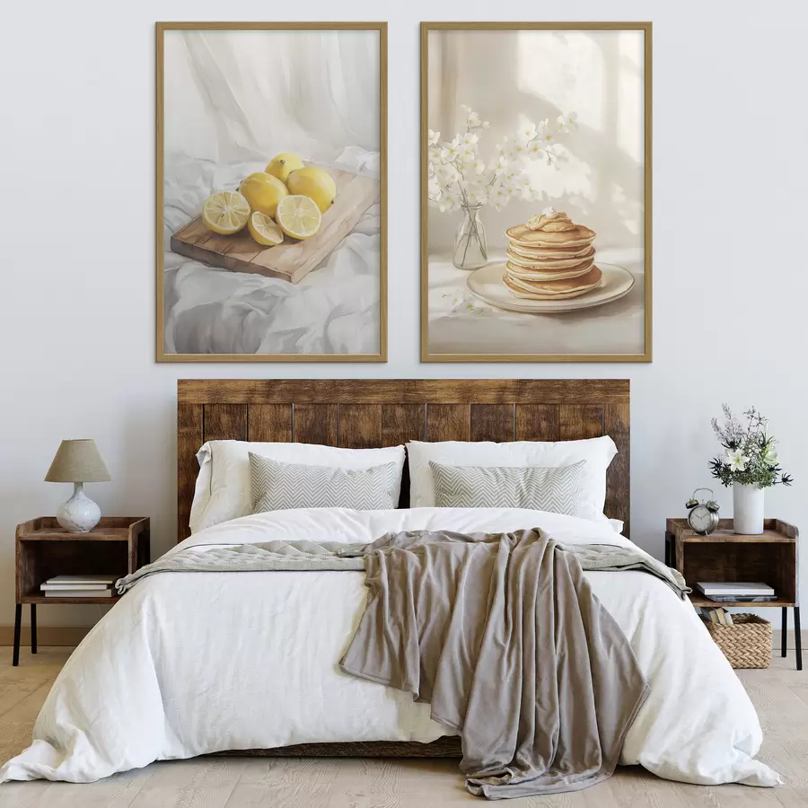 Fototapete Pfannkuchen mit Erdnussbutter, Zitronen auf dem Holzbrett, Aquarellstil d00416