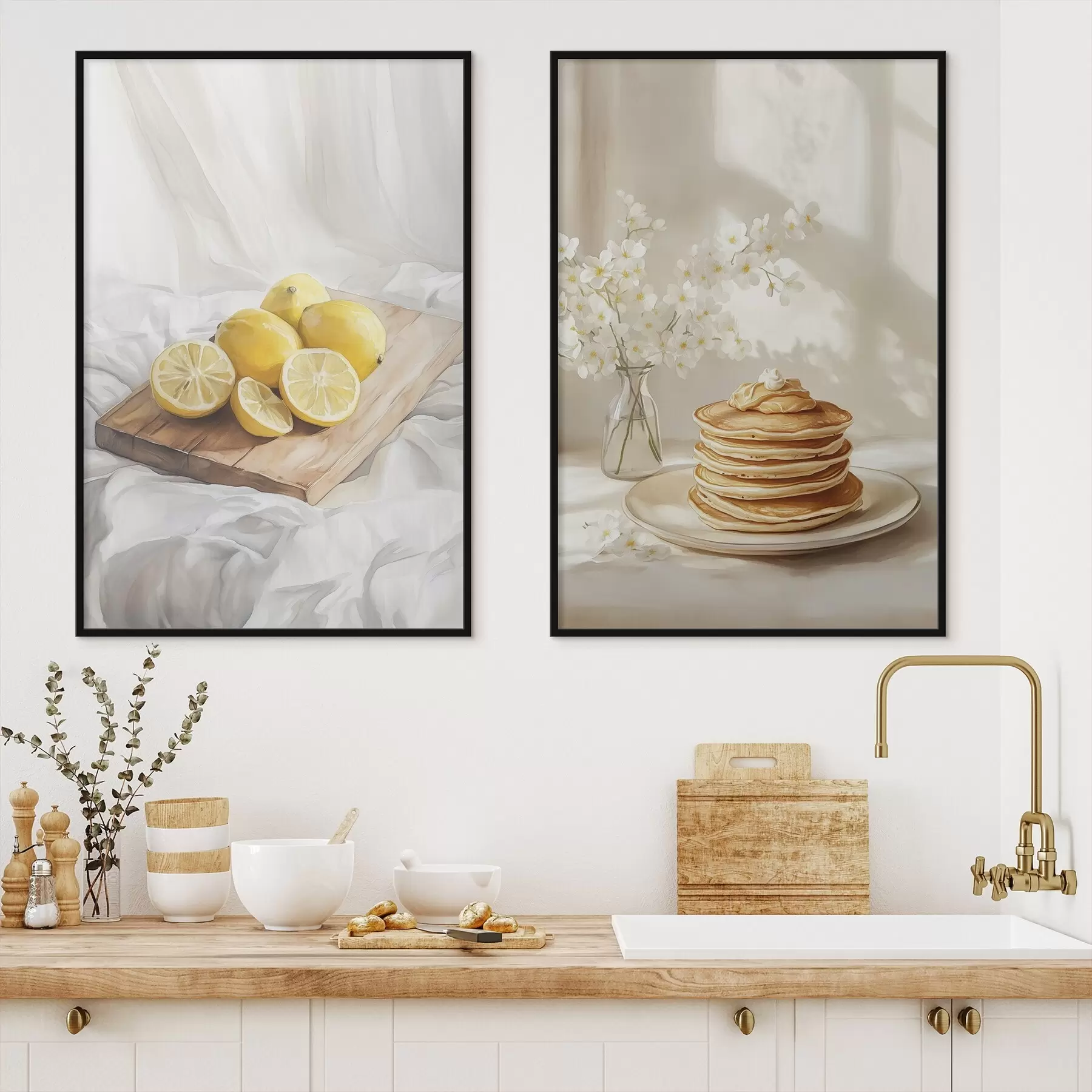 Fototapete Pfannkuchen mit Erdnussbutter, Zitronen auf dem Holzbrett, Aquarellstil d00416
