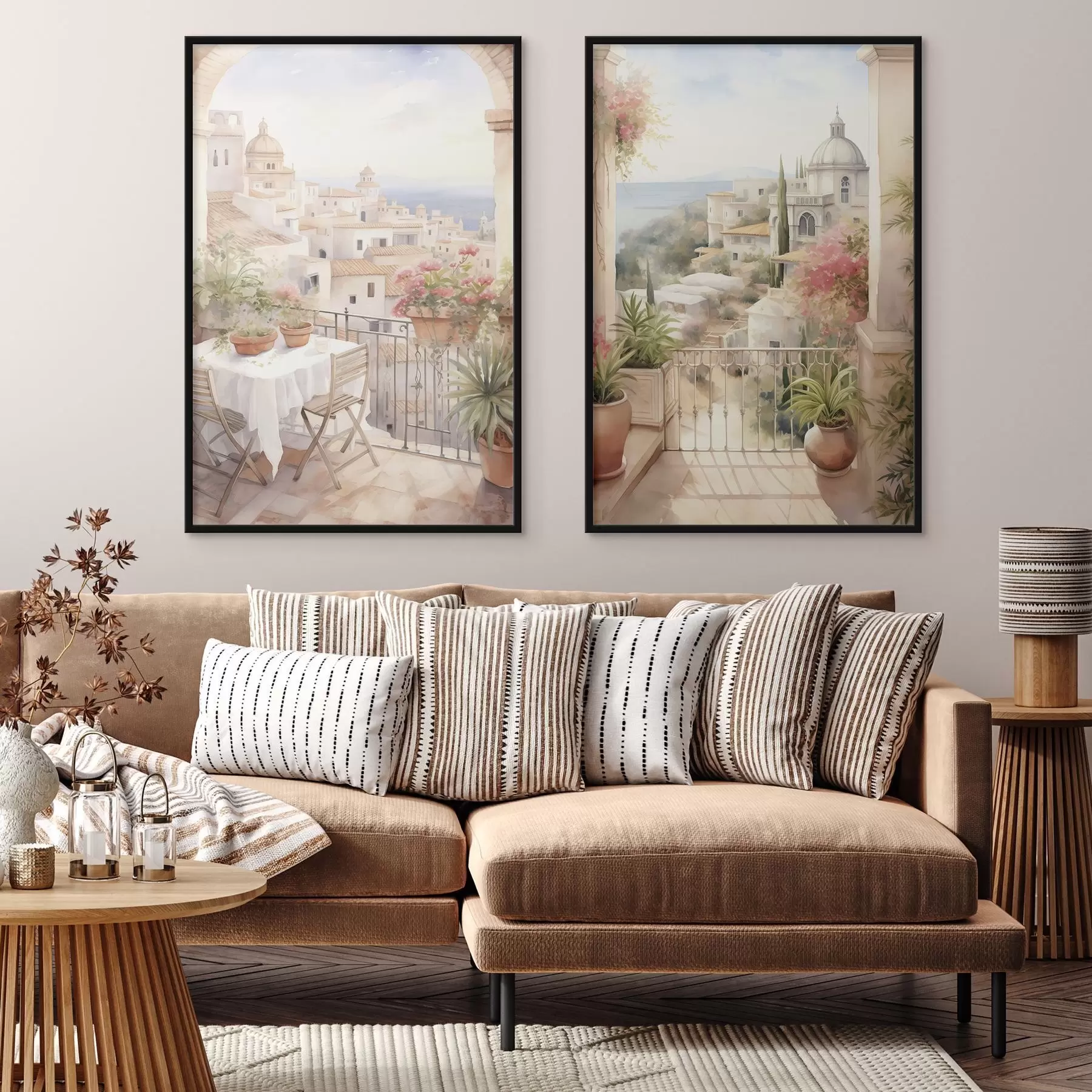 Fototapete Sonnenuntergang auf dem Balkon, Architektur, blühende Blumen, Aquarellstil, mediterran d00420