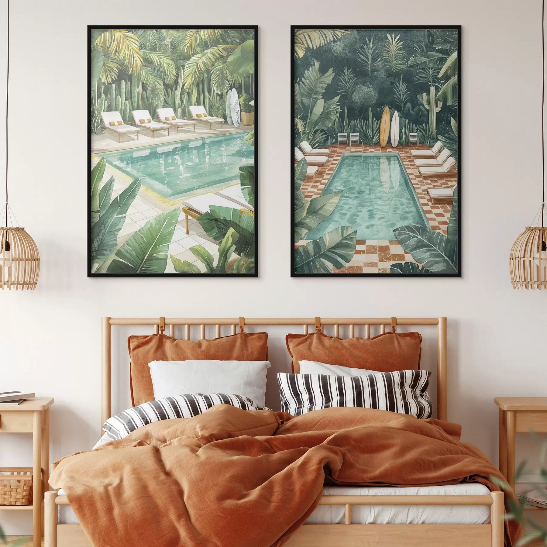 Fototapete Sommerpool, Vintage, Tropenwald, Grünzeug, Palmen, Aquarellstil d00422