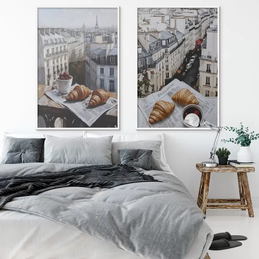 Fototapete Stadtansicht auf einem Balkon in Paris, Eiffelturm, Erdbeeren, Kaffee, Tagebuch d00445