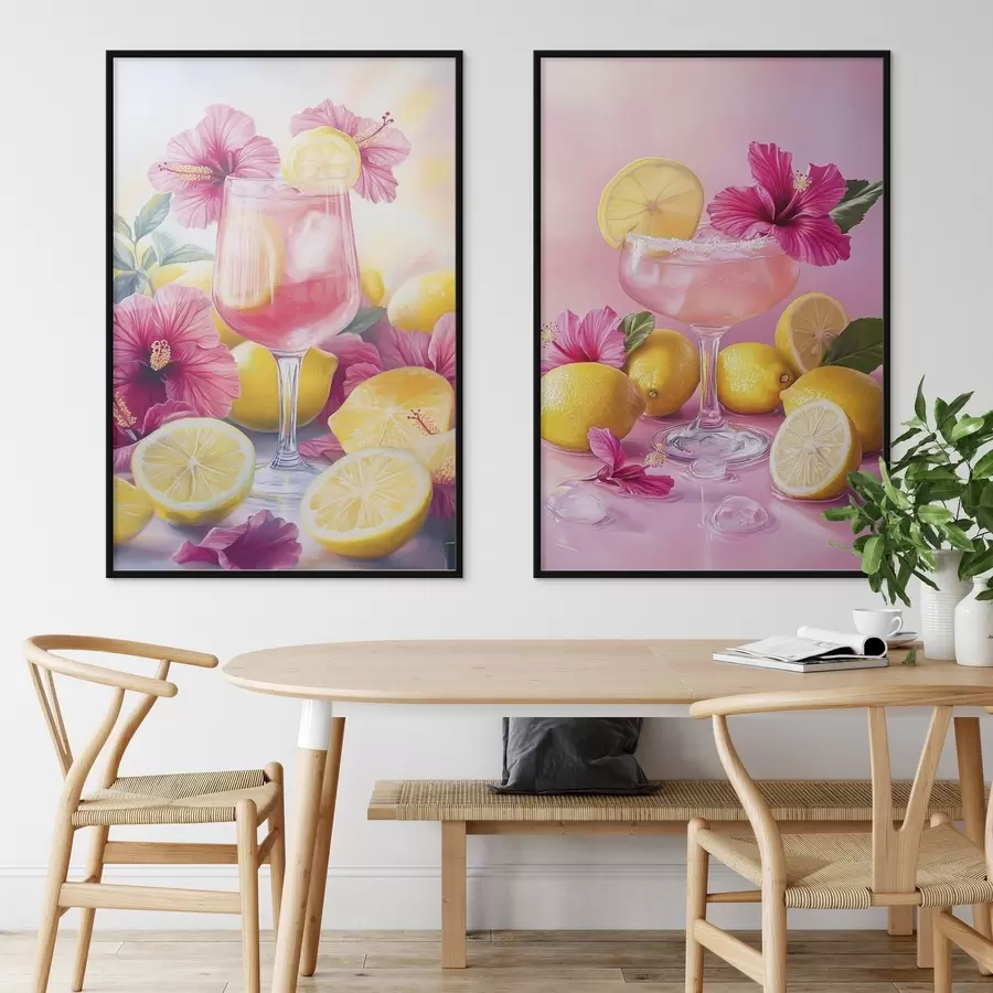 Fototapete Cocktails mit Hibiskusblüten und Zitronen, Sommer, saftig, Aquarellstil d00446