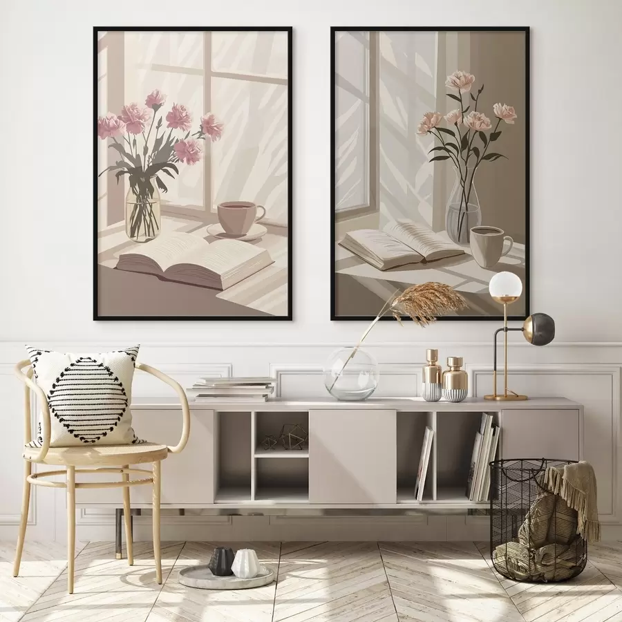 Fototapete Abstraktion, Morgenästhetik, Tasse Kaffee, Buch, Blumen d00448