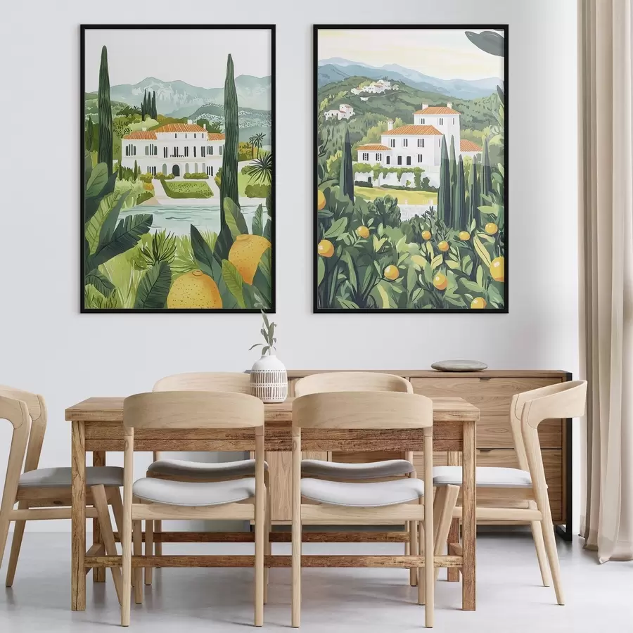 Fototapete Mediterrane Landschaften mit Bäumen und Häusern, Meeresküste, Spanien d00450