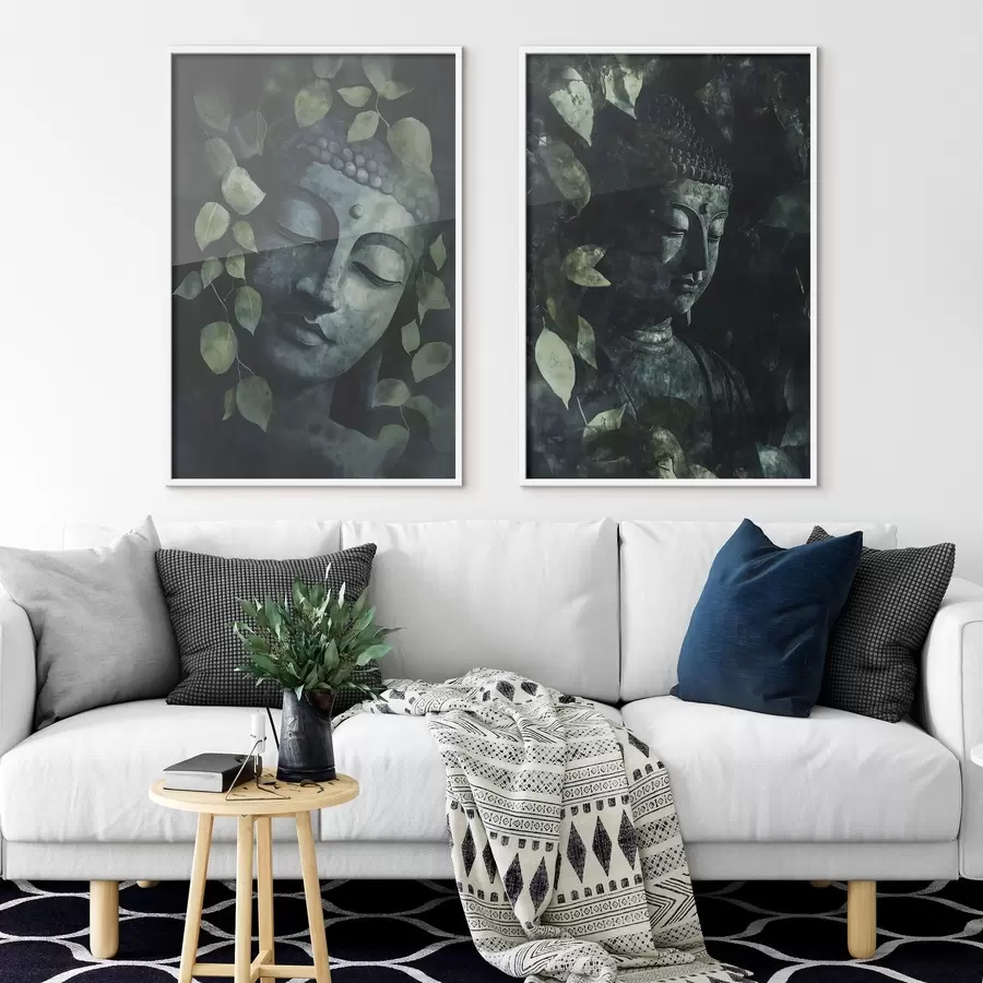 Fototapete Grüner Buddha in tropischen Blättern, Aquarellstil d00451