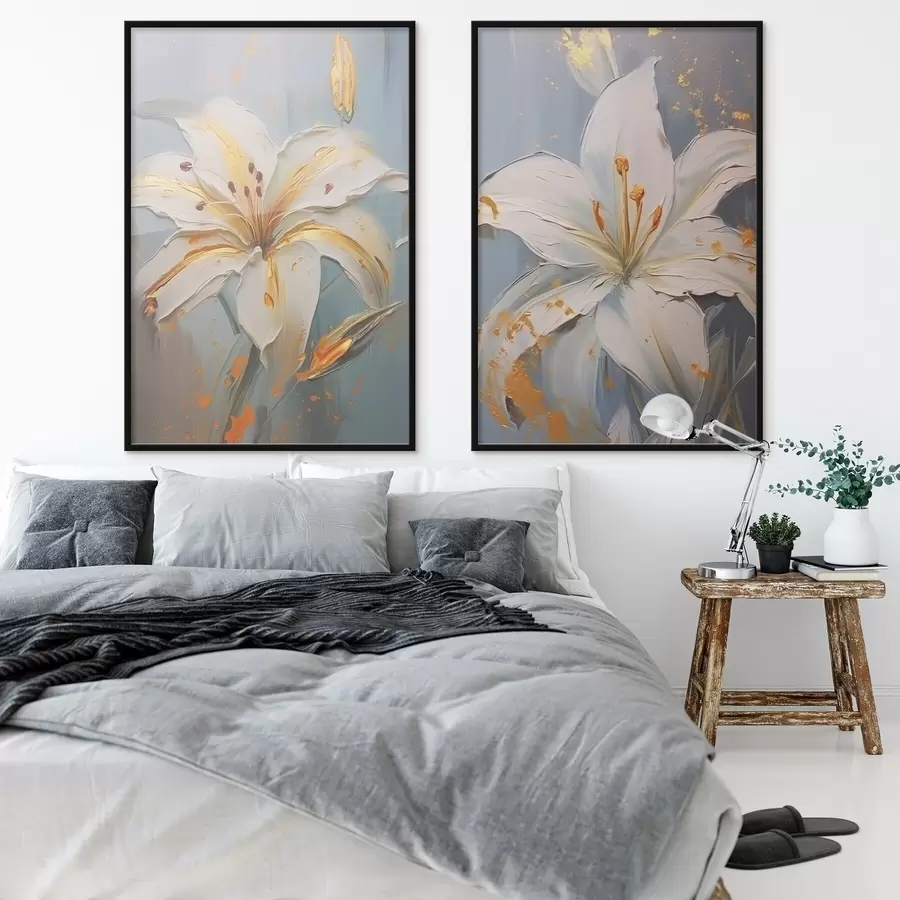 Fototapete Weiße Lilien mit gelben Strichen auf blauem Hintergrund d00497