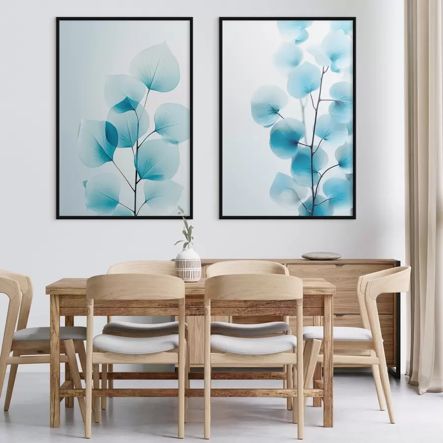 Fototapete Zweig mit durchscheinenden blauen Blättern, zarte Adern sichtbar, leichte und ruhige Komposition, minimalistische Ästhetik d00522