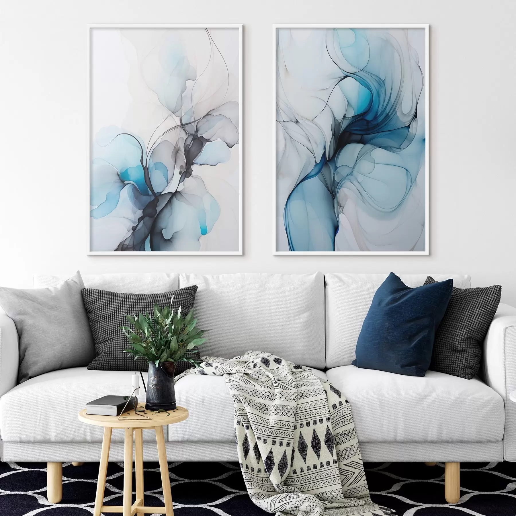 Fototapete Abstrakte Komposition mit fließenden Linien und durchscheinenden Blütenblättern in blauen, weißen und beigen Farbtönen, Alkoholtintenimitation d00523