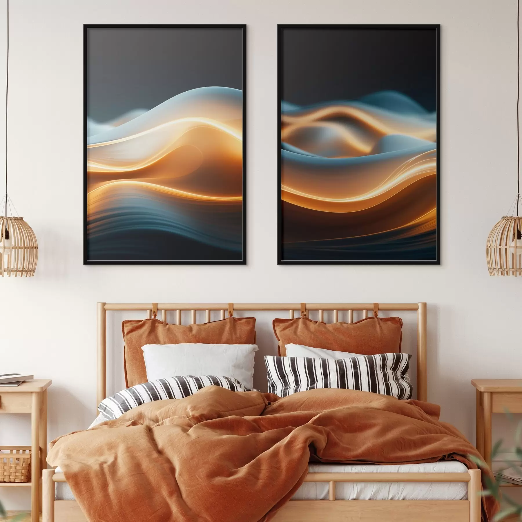 Fototapete Abstrakte fließende Formen mit orangefarbenen Linien, glatte Kurven und Linien, dynamische Komposition, dunkler Hintergrund d00526