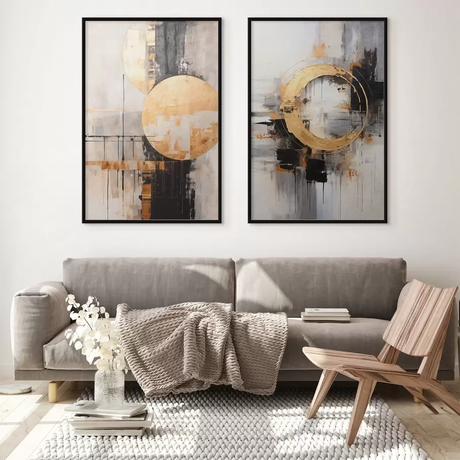 Fototapete Abstrakte Malerei mit Kreisen, schwarzen und gelben Linien und einem Hintergrund mit grauen und weißen Tönen d00527