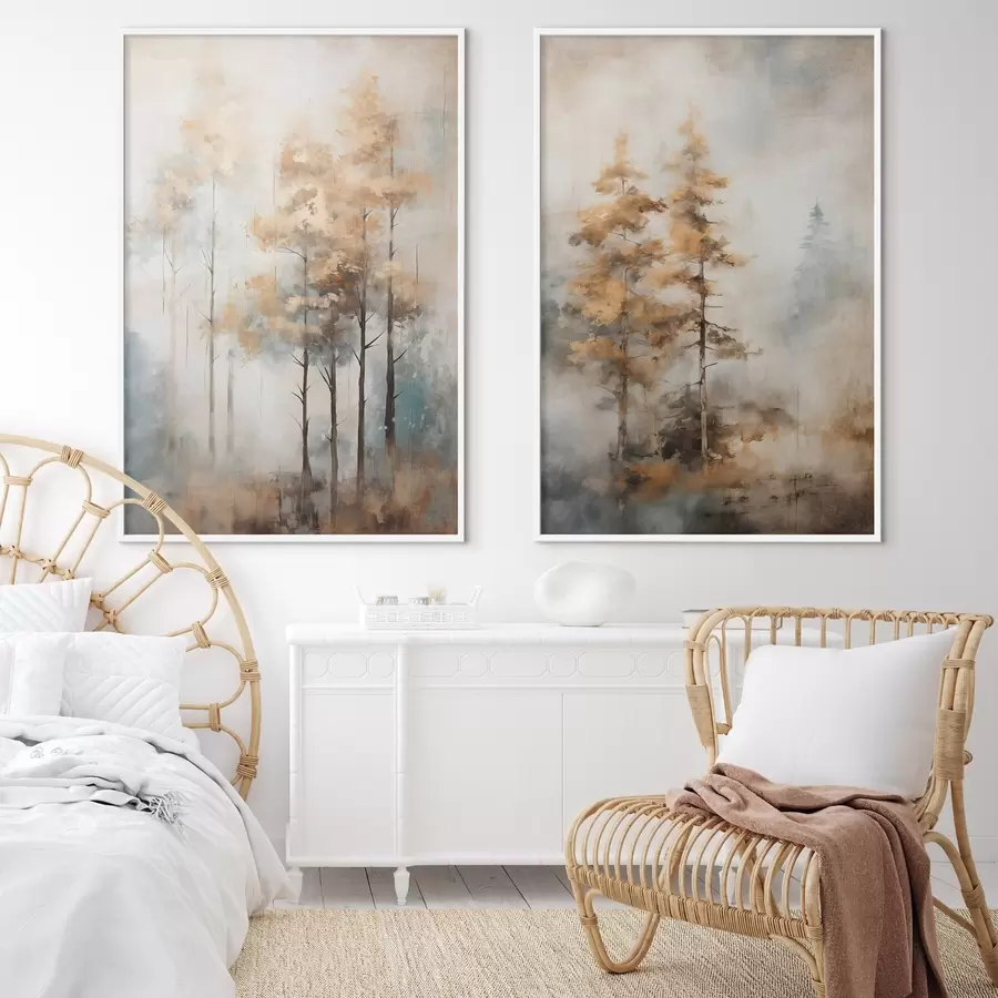 Fototapete Texturierte hohe Bäume mit gelben Blättern in einem Wald, der Hintergrund ist eine Mischung aus weichen Blau- und Brauntönen d00528