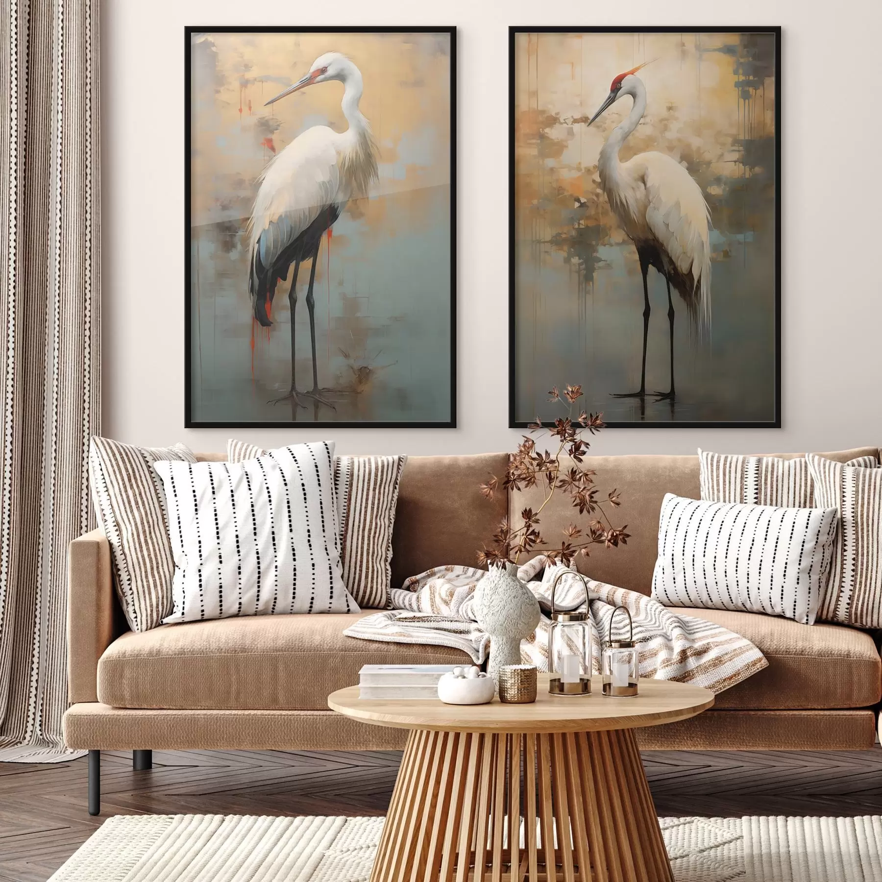 Wandbilder Weißer Reiher vor einem Hintergrund aus gedämpften Gelb-, Braun- und Blautönen, der an eine neblige, abstrakte Landschaft erinnert d00530