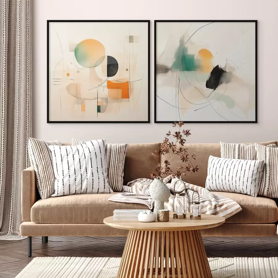 Fototapete Abstraktes Diptychon mit kreisförmigen Formen und dynamischen Linien d00981