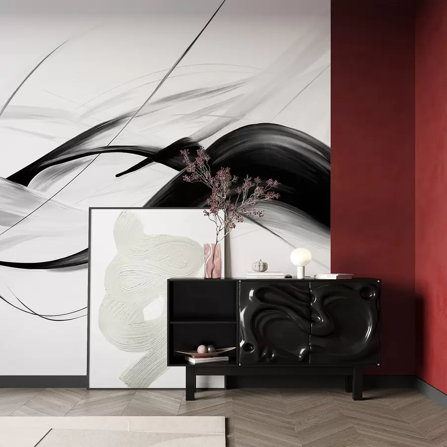 Fototapete Abstrakte Schwarz-Weiß-Pinselstriche mit dünnen Linien, die ein modernes Design vor hellem Hintergrund bilden. w09605