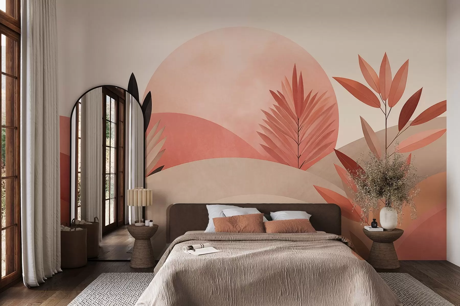 Fototapete Abstrakte Boho-Landschaft, Sonne hinter sanften Hügeln, Pflanzen im Vordergrund, minimalistisch, strukturiert, gedeckte Farben w09608