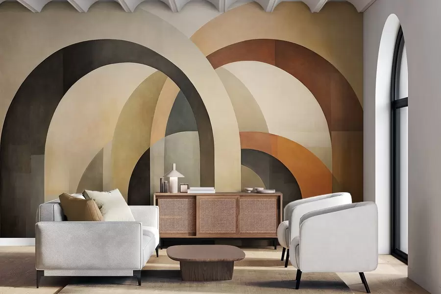 Fototapete Abstrakte, strukturierte geometrische Bögen in erdigen Beige-, Braun- und Grautönen, ein vielschichtiges modernes architektonisches Design w09611